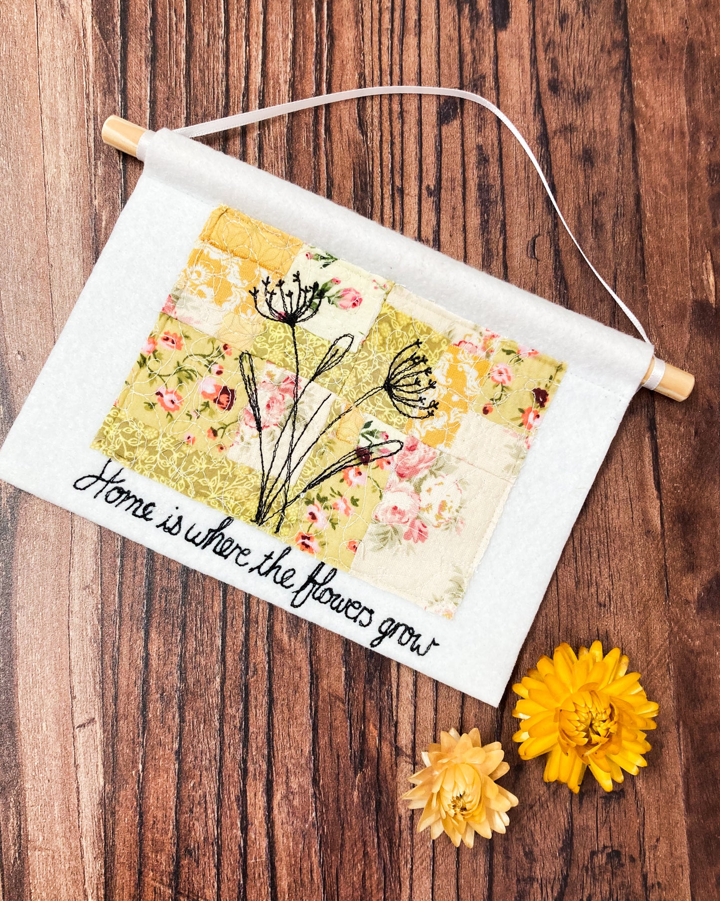 Home is where the flowers grow yellow wall hanging