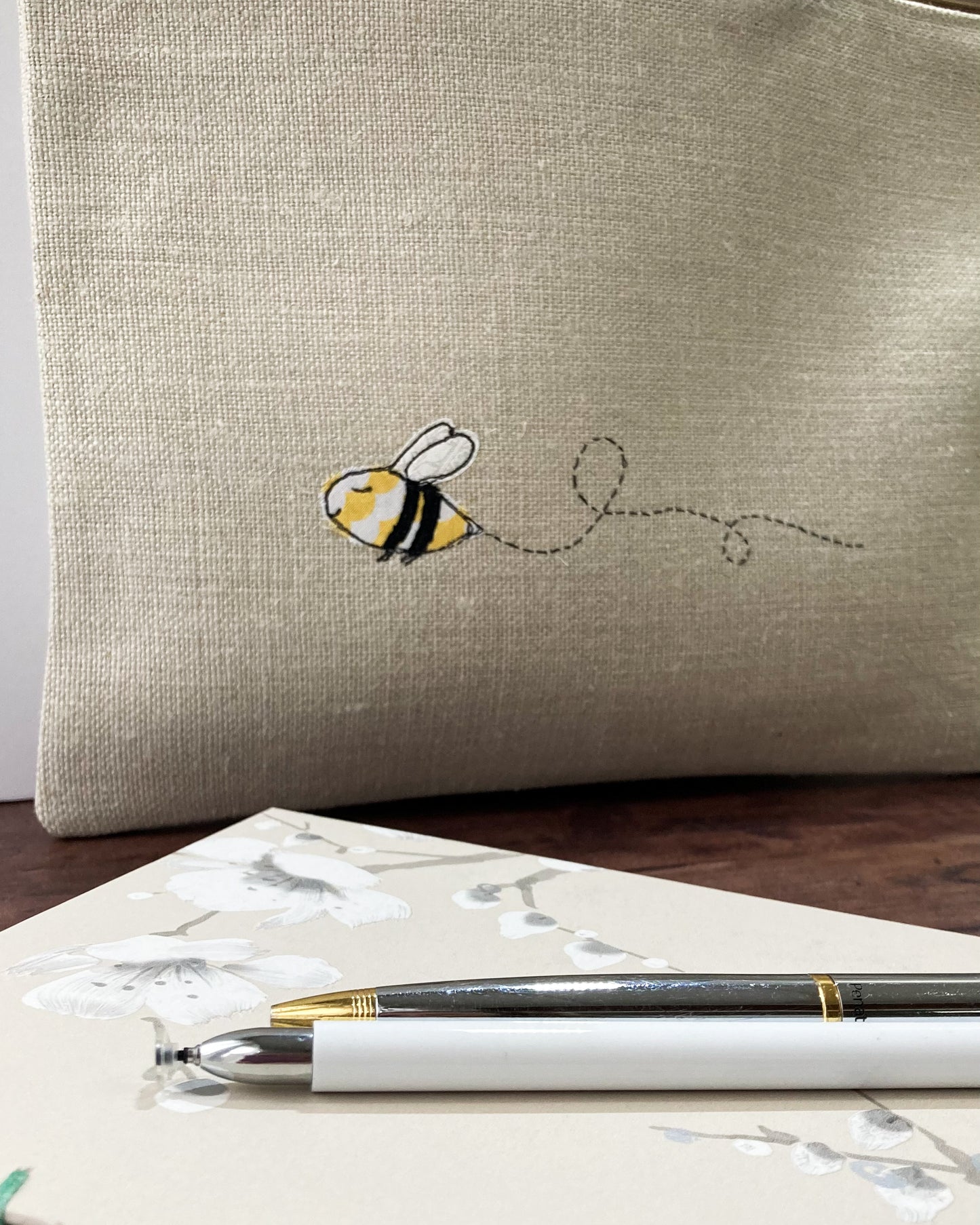 Embroidered Linen Happy-Bee Travel/Project Pouch