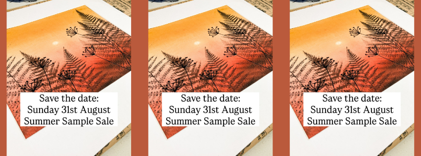 Autumn Sunset Mixed Media Original piece with text saying 'Save the date Sunday 31st August Summer Sample Sale