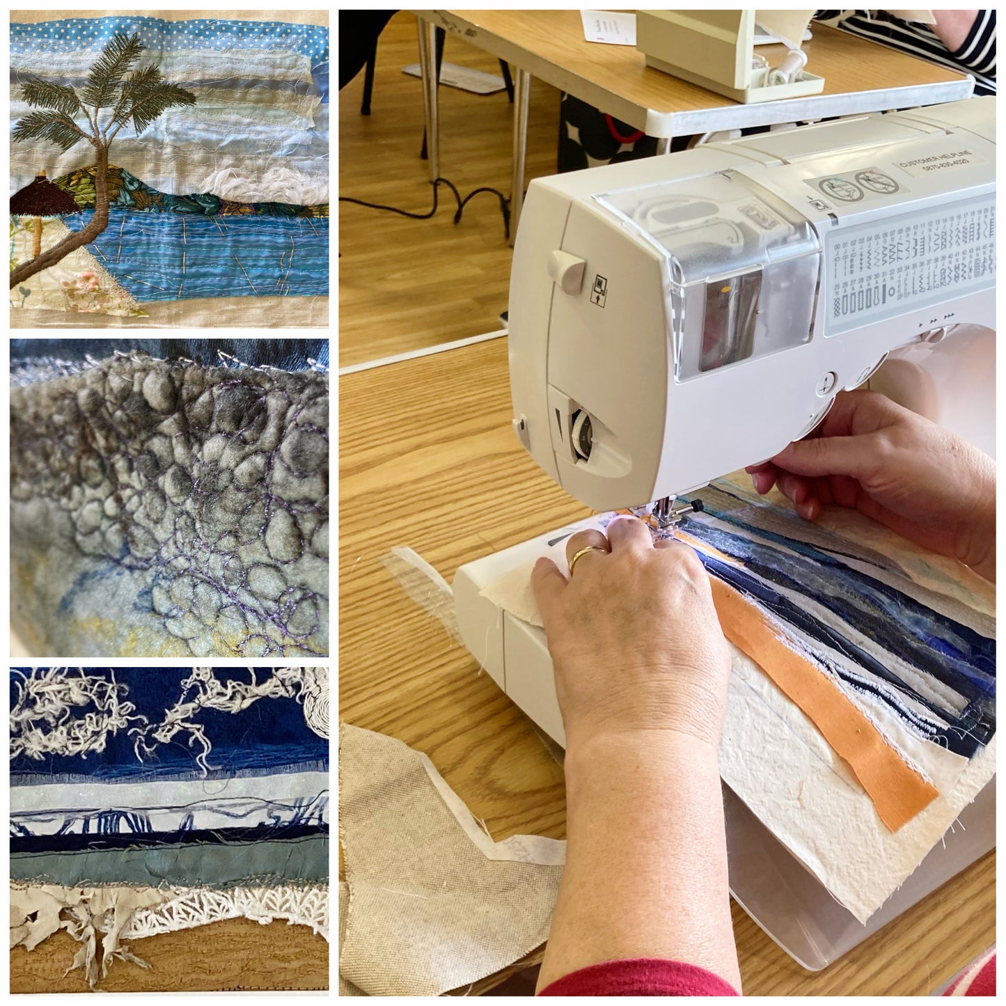 A collage of 3 photos of Seascape Embroideries on the left and a large photo of a student at her sewing machine using Free Motion Embroidery to create a Seascape embroidery