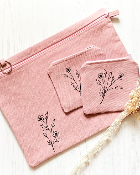 Pink Craft Pouch and 2 matching purses in pink with Wild Flower Embroideries and lace and floral decor